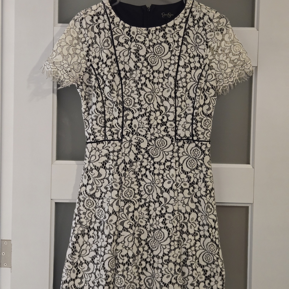 Jessica Simpson Black and Cream Floral Lace Mini Dress